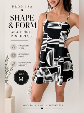 Promesa Geo Print Mini Dress M Abstract Black White Strappy Summer